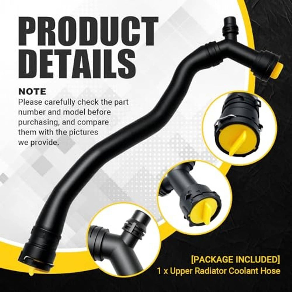 Black upper radiator coolant hose with yellow end caps and multiple molded joints