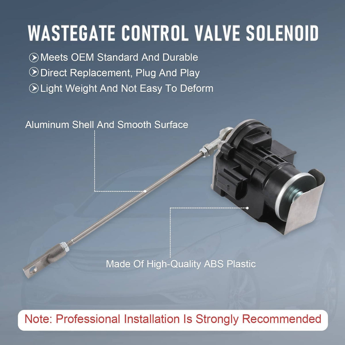 Turbo wastegate control valve solenoid with metal rod and black plastic housing