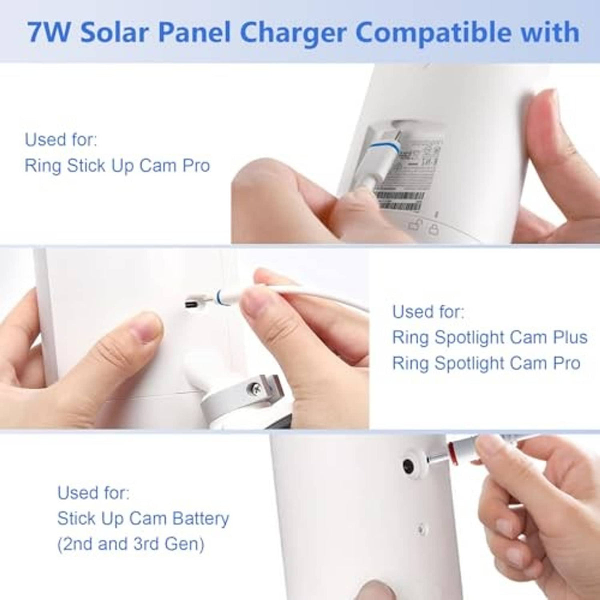 Solar panel charger kit packaging showing hand attaching connector to the device