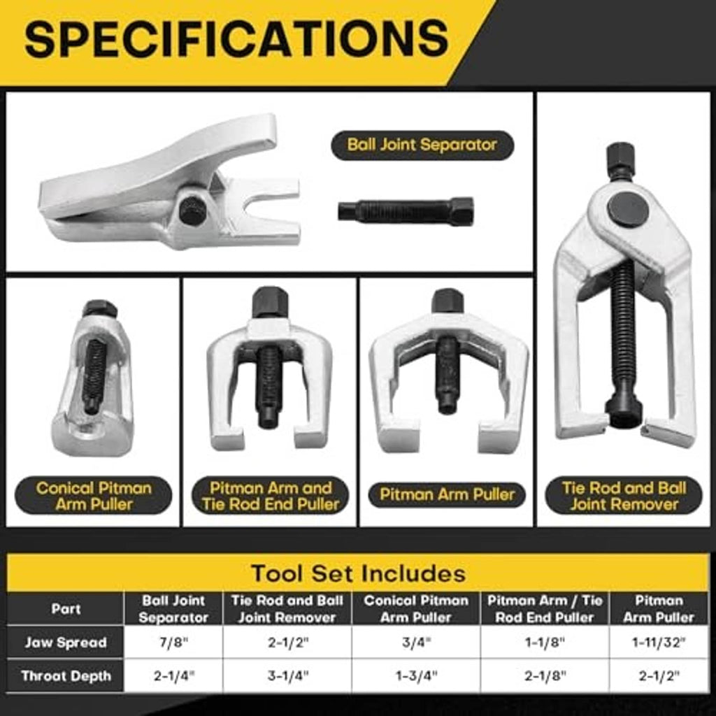 Ball joint separator tool set diagram showing four puller styles and sizes