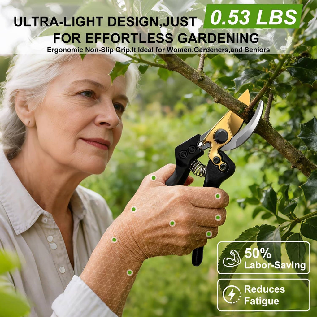 Lightweight bypass pruning shears with black handles and gold blade, in hand