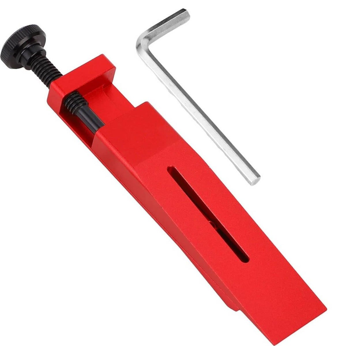 Red caliper piston press tool with black screw and included L-shaped hex key