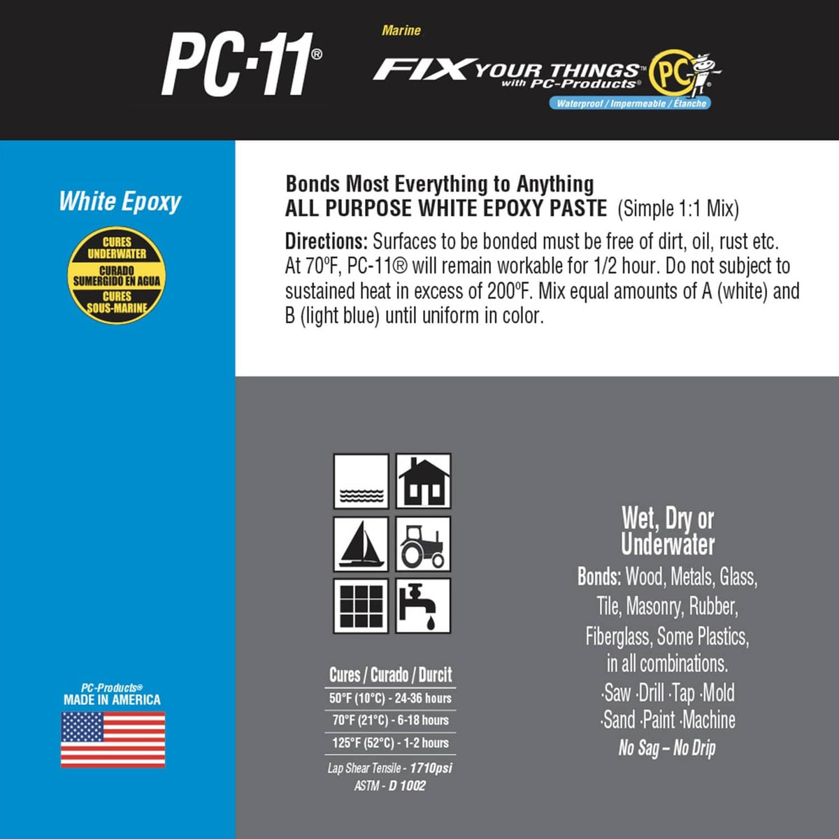 White epoxy adhesive paste label with directions, wet/underwater bond uses