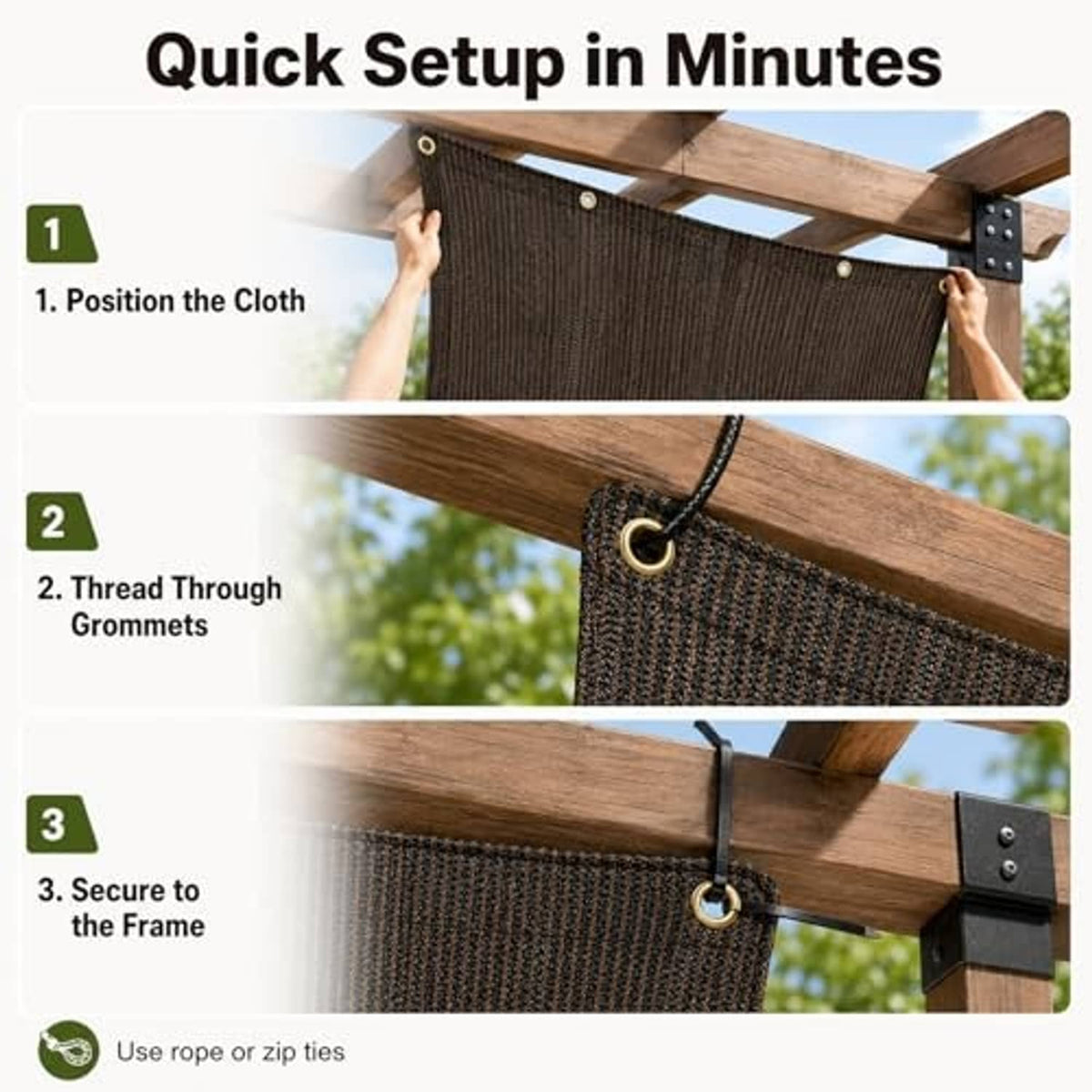 Brown shade cloth attached to frame with eyelet grommets, showing quick setup steps