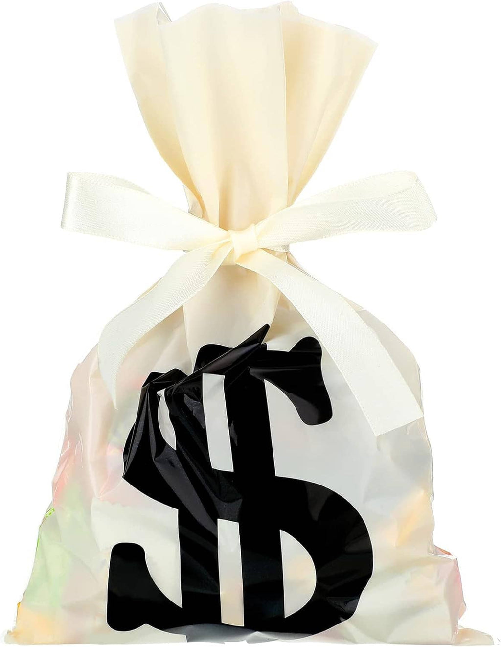 Cream money treat bag with black dollar sign and white ribbon bow