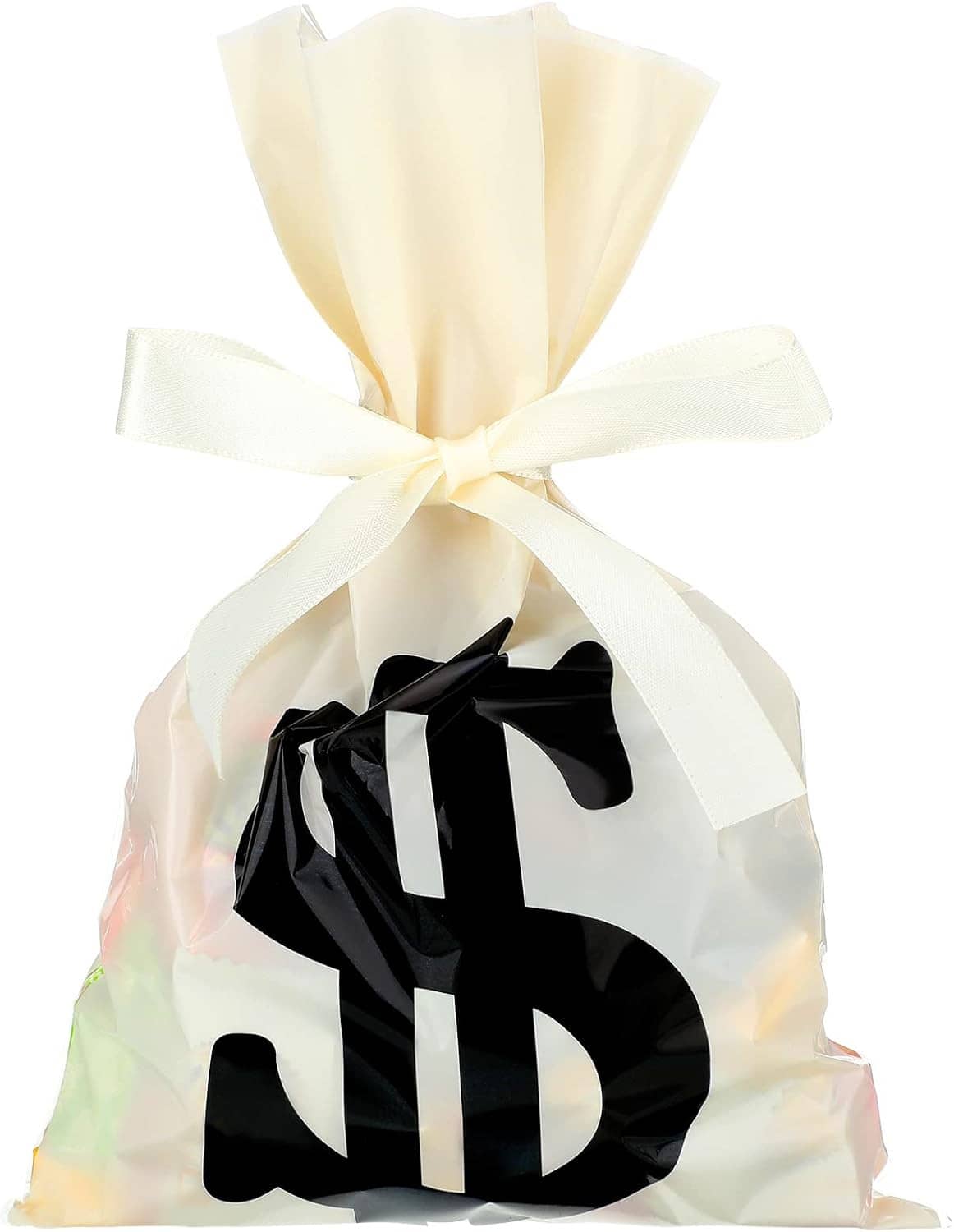 Cream money treat bag with black dollar sign and white ribbon bow