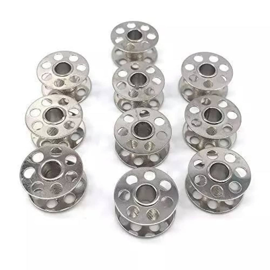 Assorted silver metal sewing bobbins, round reels with center hole and thread passages