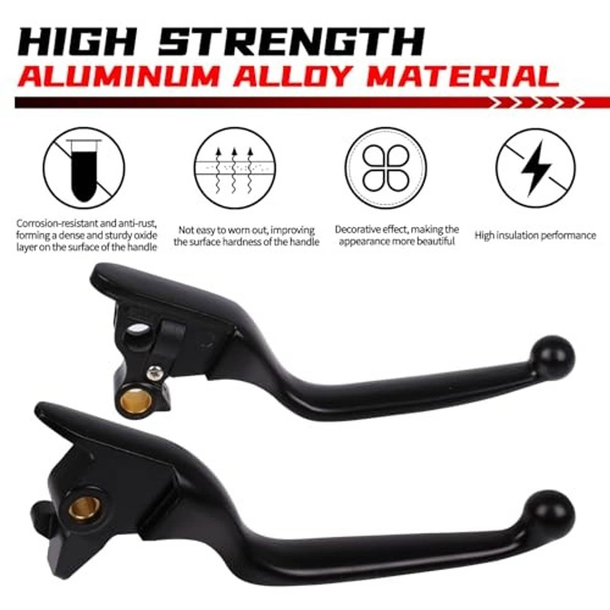 Black aluminum motorcycle brake and clutch levers with gold pivot inserts