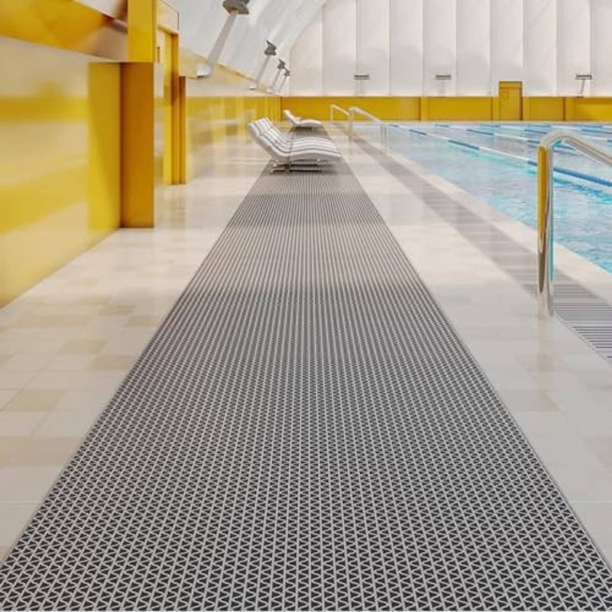 Dark gray pool walk mat runner with dense raised diamond pattern