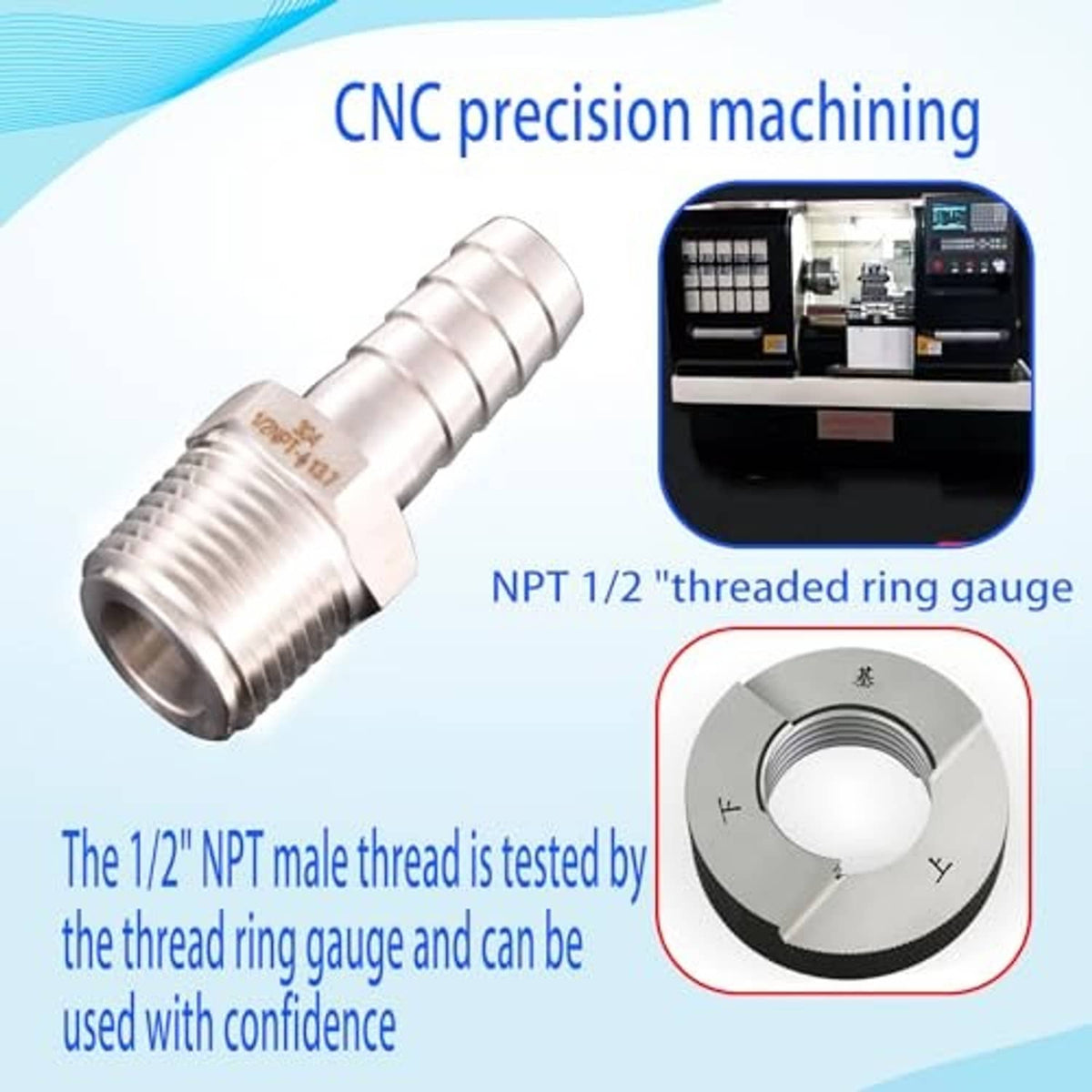 CNC-machined stainless steel 1/2 in male NPT hose barb fitting, close-up of threads