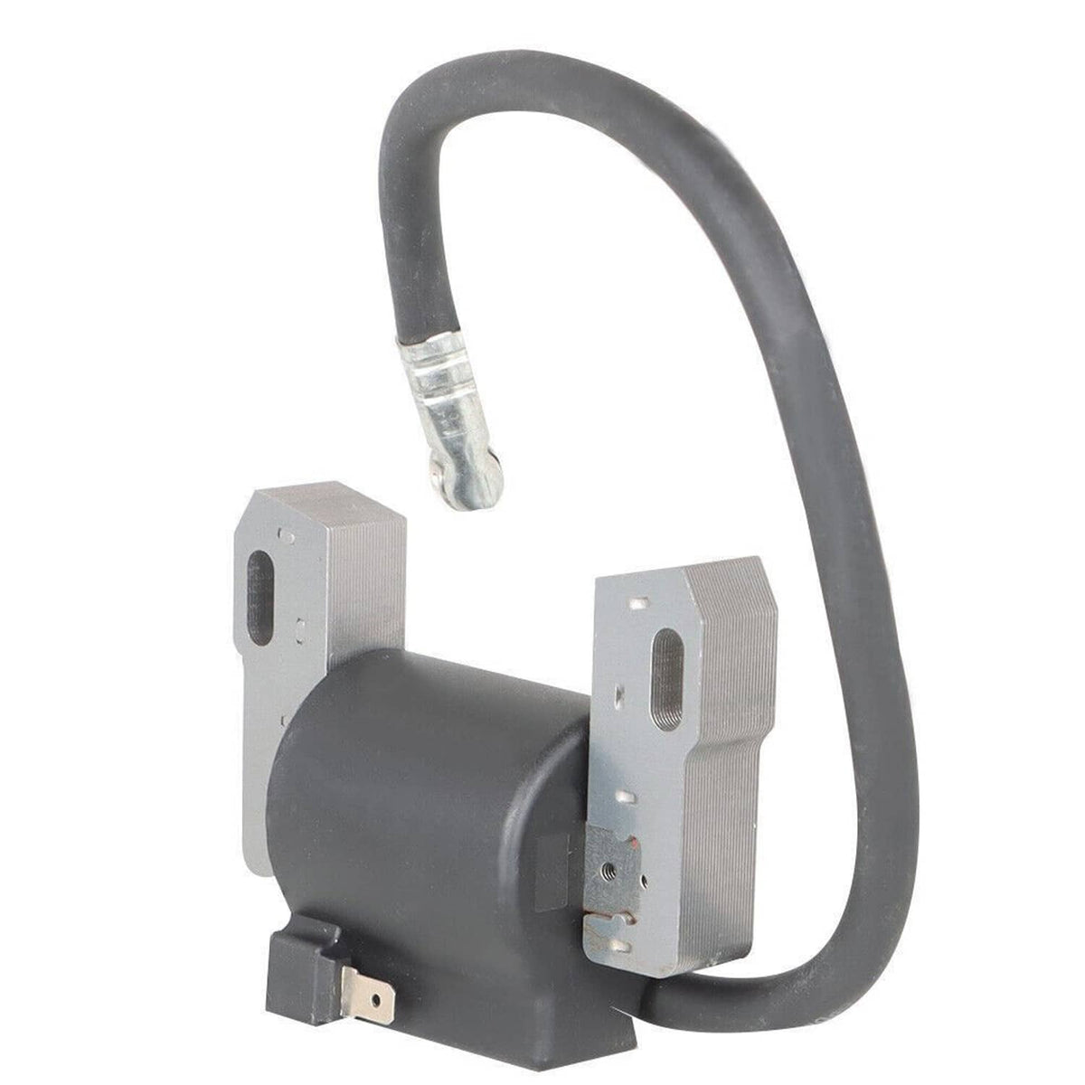Ignition coil with black rubber wire and metal mounting brackets