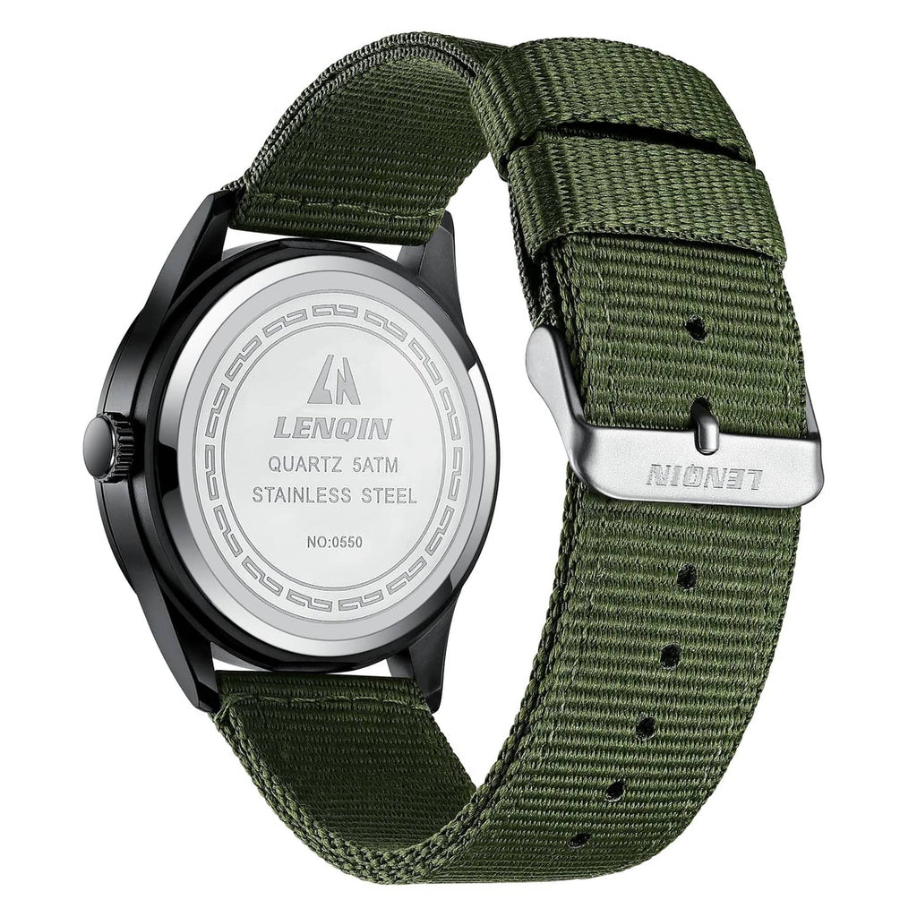 Men's military sport analog watch, side view showing green nylon strap and silver back