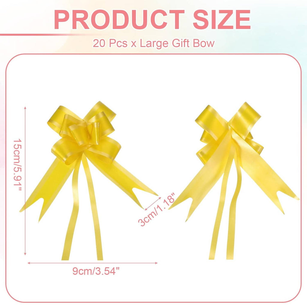 Yellow large gift bow with ribbon loops and long tails, size illustration