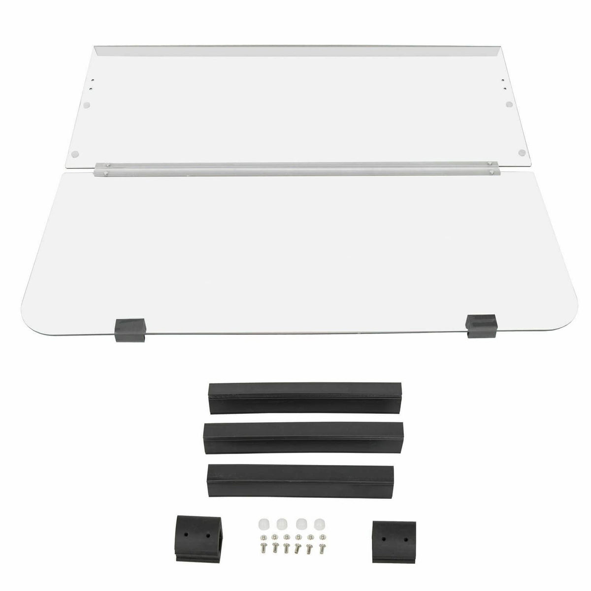 Clear folding windshield kit with black rubber strips and mounting hardware