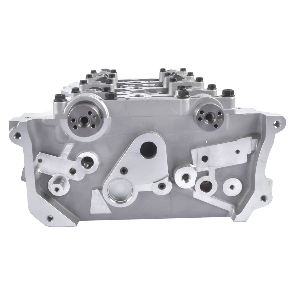Aluminum cylinder head side with camshaft caps, mounting holes, and machined passages.