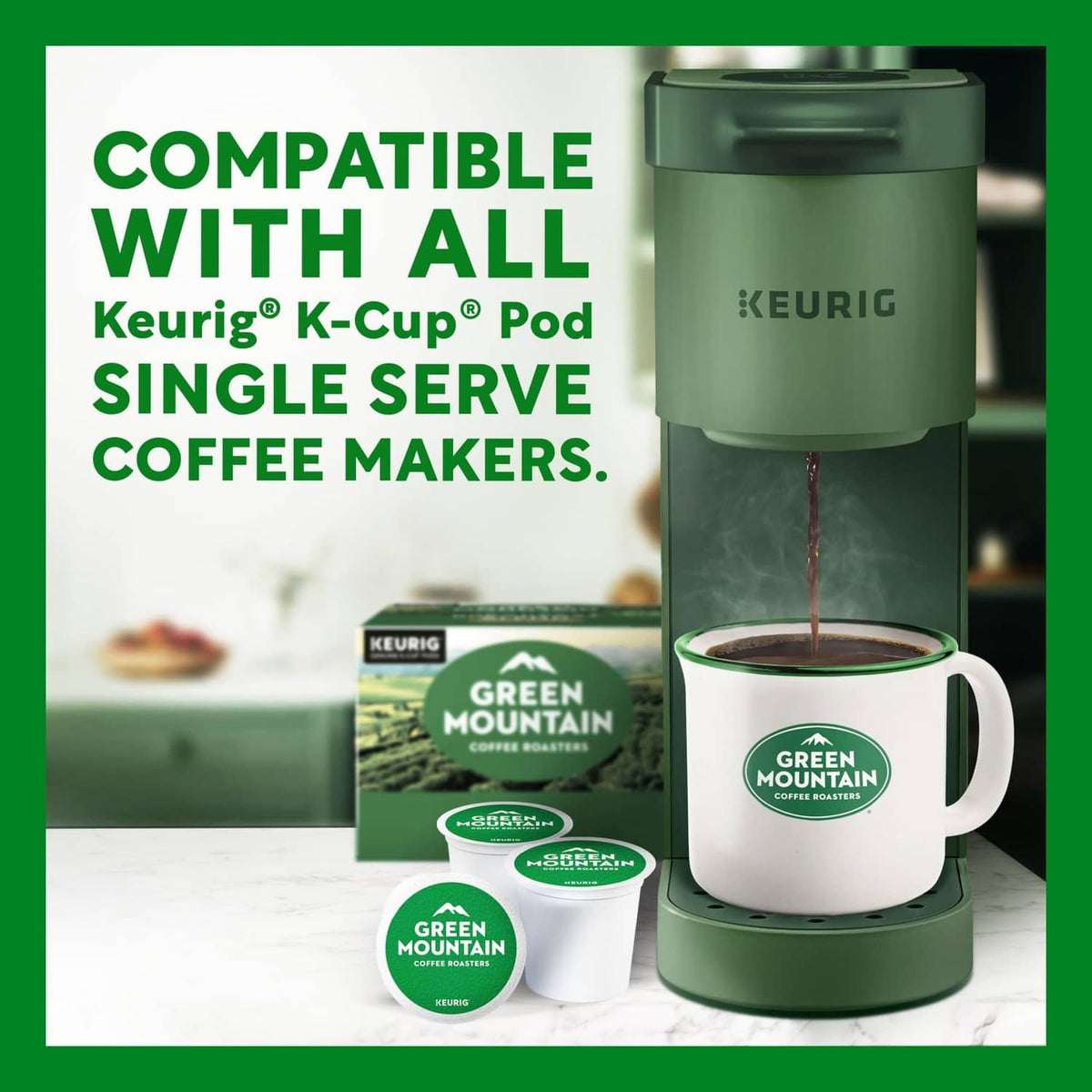 Compatible K-Cup pods with Keurig brewer and single cup on green background