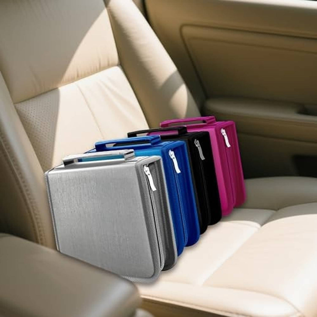 Magenta CD storage case on car seat with zipper and top handle