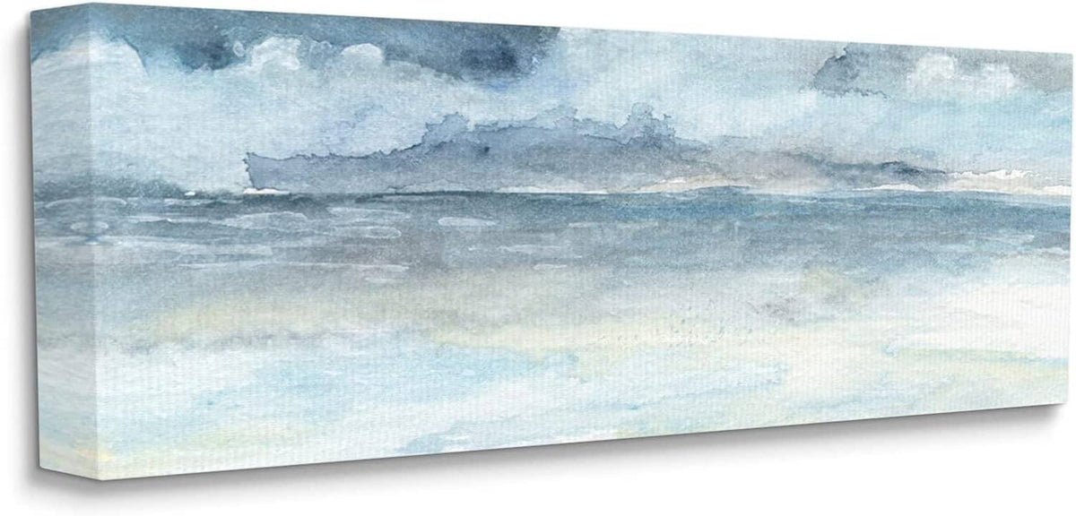 Blue-gray cloudy ocean waves canvas wall art with soft clouds and sea texture