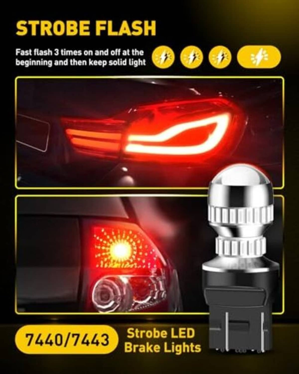 LED strobe brake light bulb with chrome housing and black electrical connector