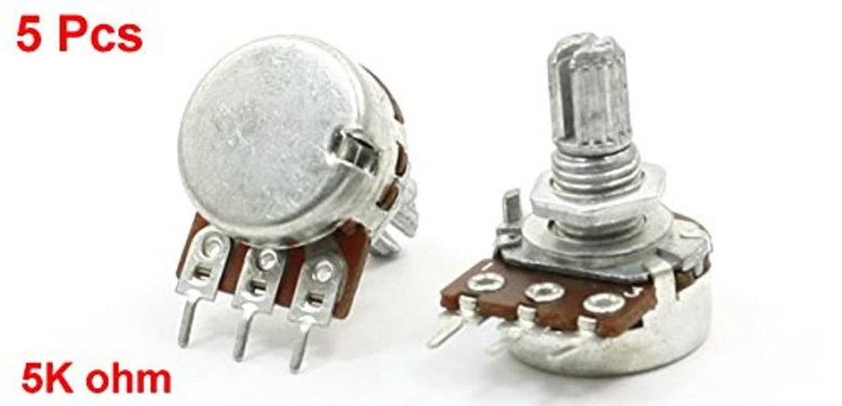 5-pack 5K ohm rotary potentiometers with metal shafts and mounting pins