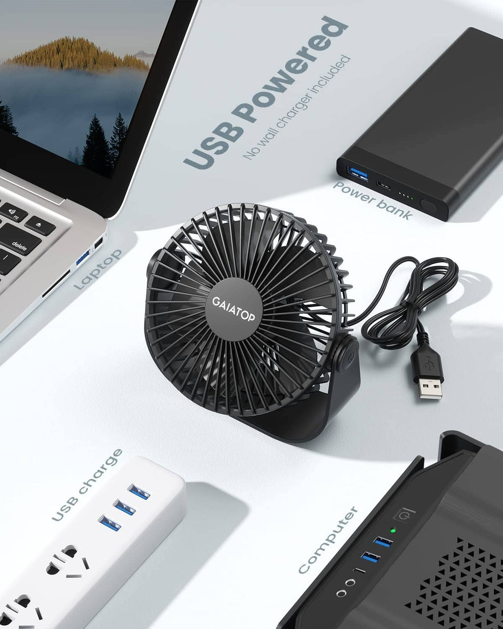 Black USB desk fan with USB cable and power bank accessories