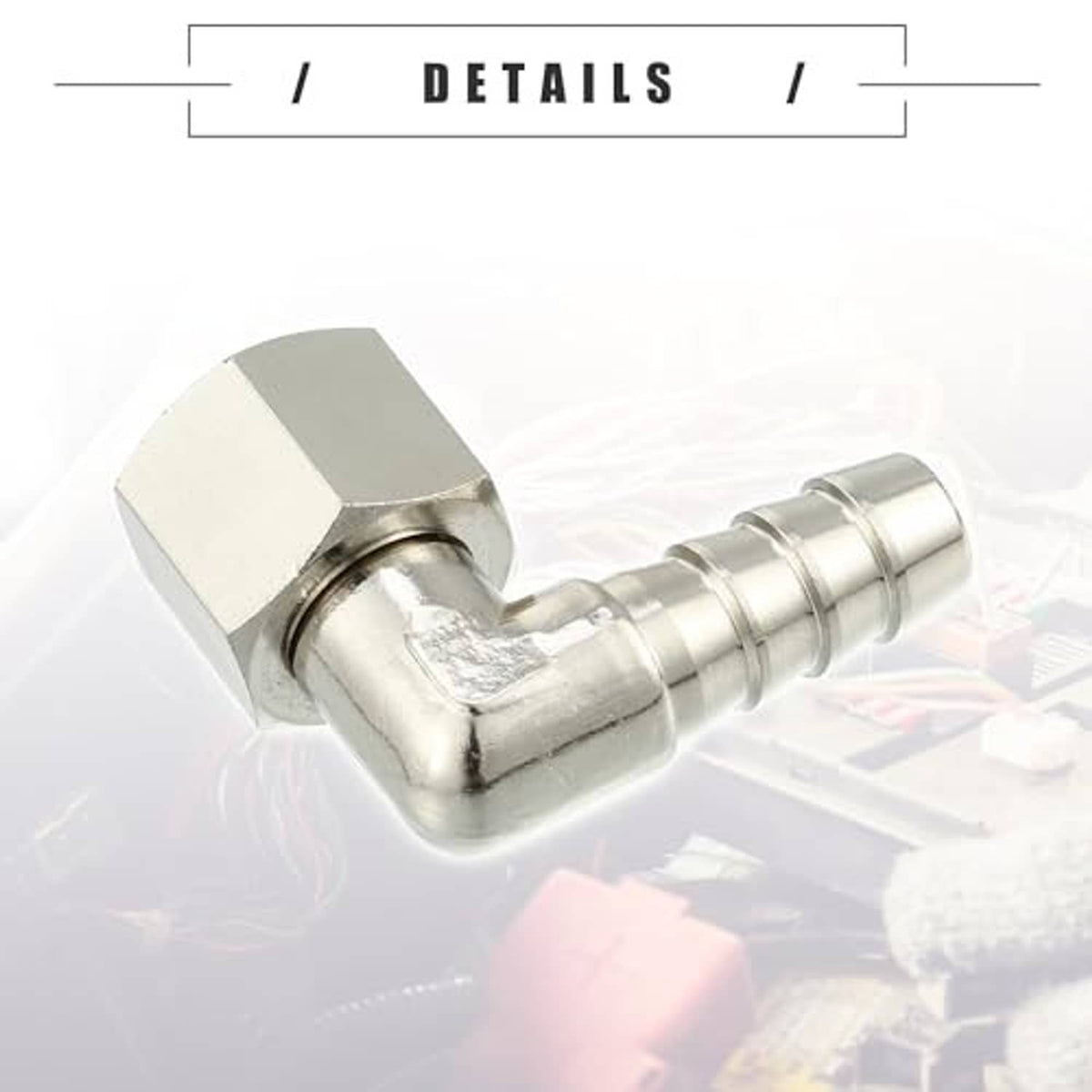 90-degree metal hose adapter fitting detail view of hex body and curved barbed hose end