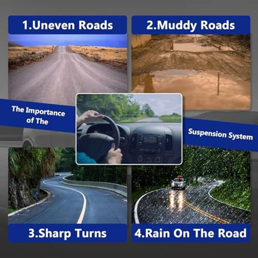 Road conditions infographic with vehicle driving curve and rainy roadway
