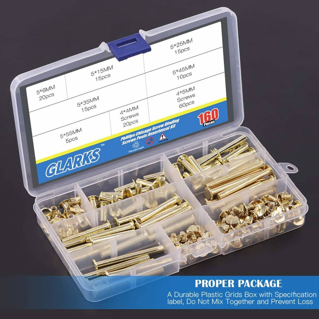 Brass-plated Chicago screw assortment in clear plastic organizer case