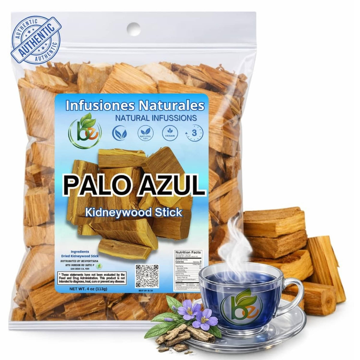 Palo Azul herbal tea pouch with kidneywood stick pieces and a glass cup