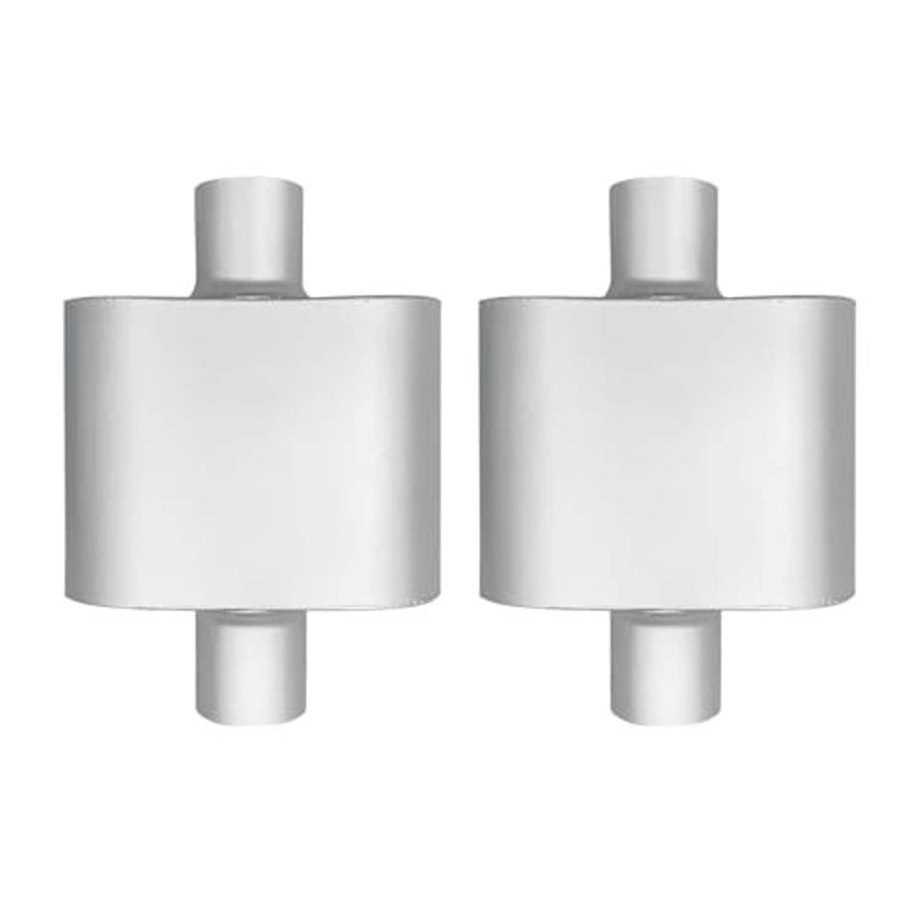 Silver muffler pair with top mounting stubs and cylindrical outlet tubes
