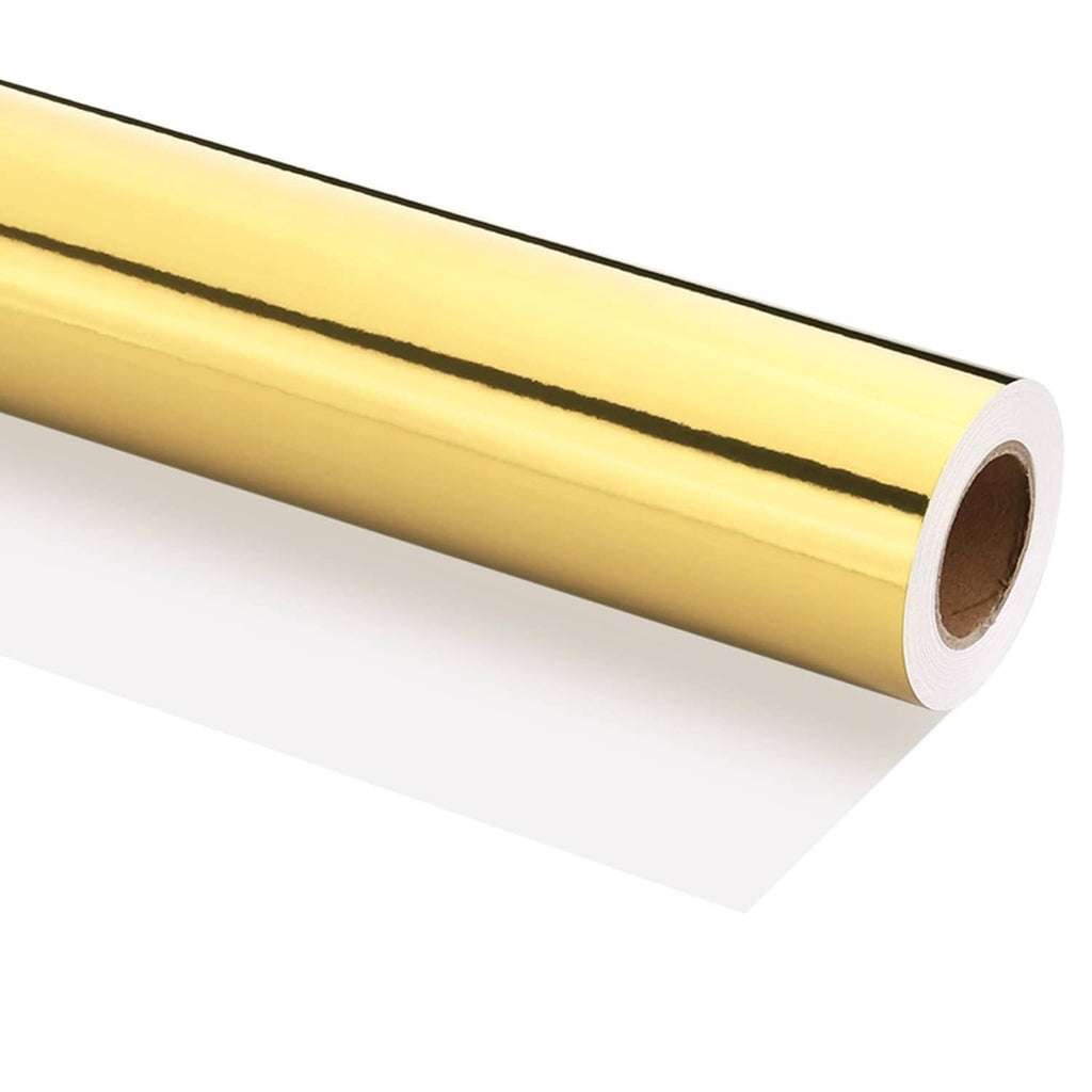 Gold metallic wrapping paper roll with hollow core, smooth reflective finish