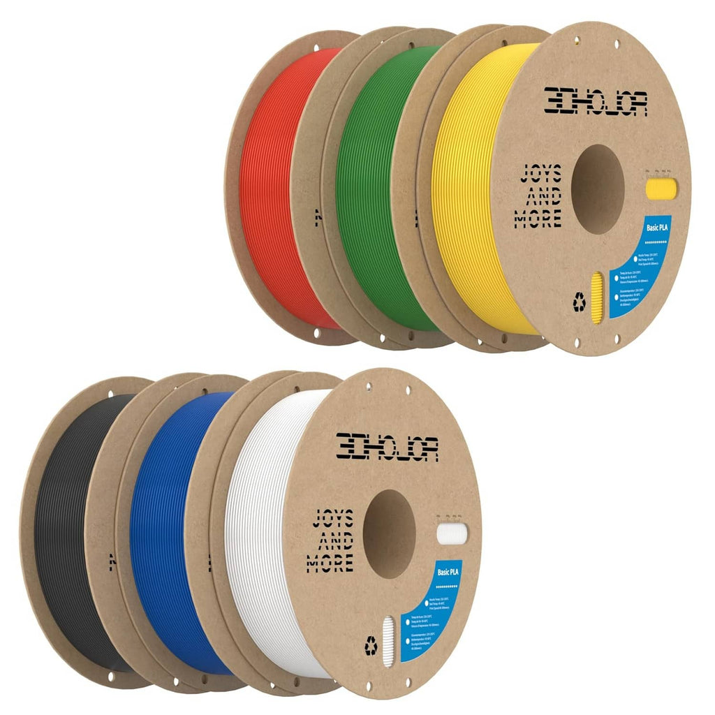 PLA filament bundle with multiple spools in black, white, red, blue, green, and yellow