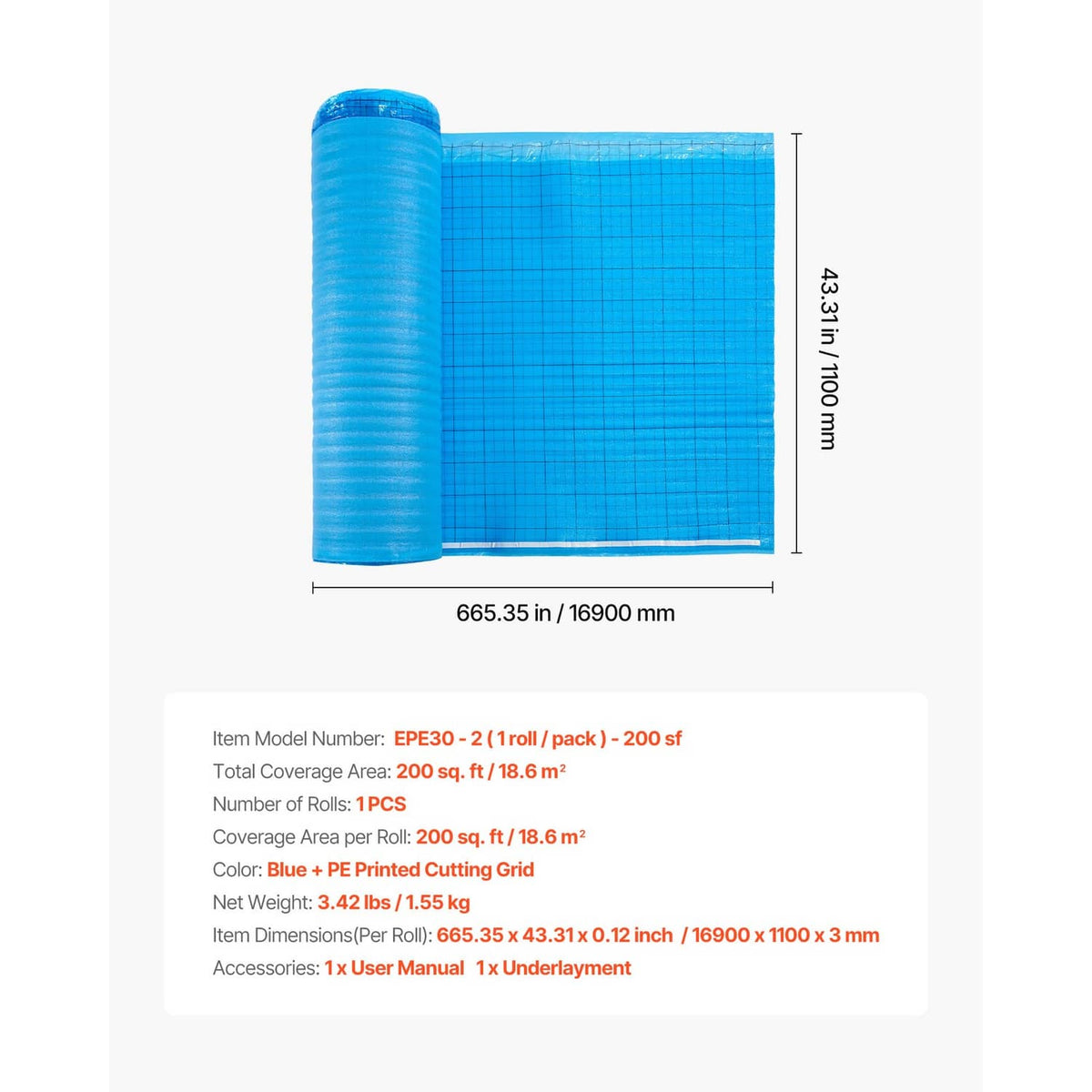 Blue floor underlayment roll with printed size dimensions on the package layout