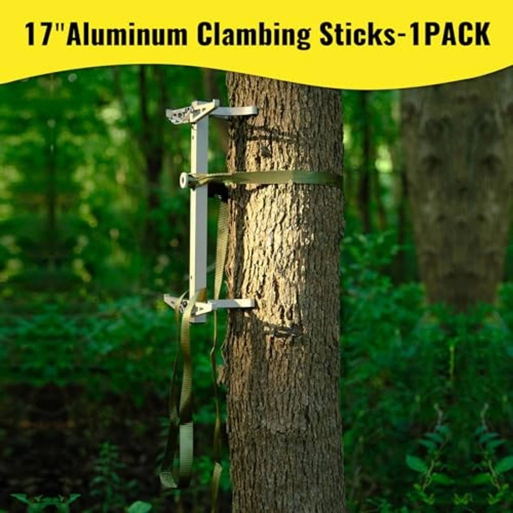 Pair of aluminum climbing sticks mounted on a tree trunk with webbing straps