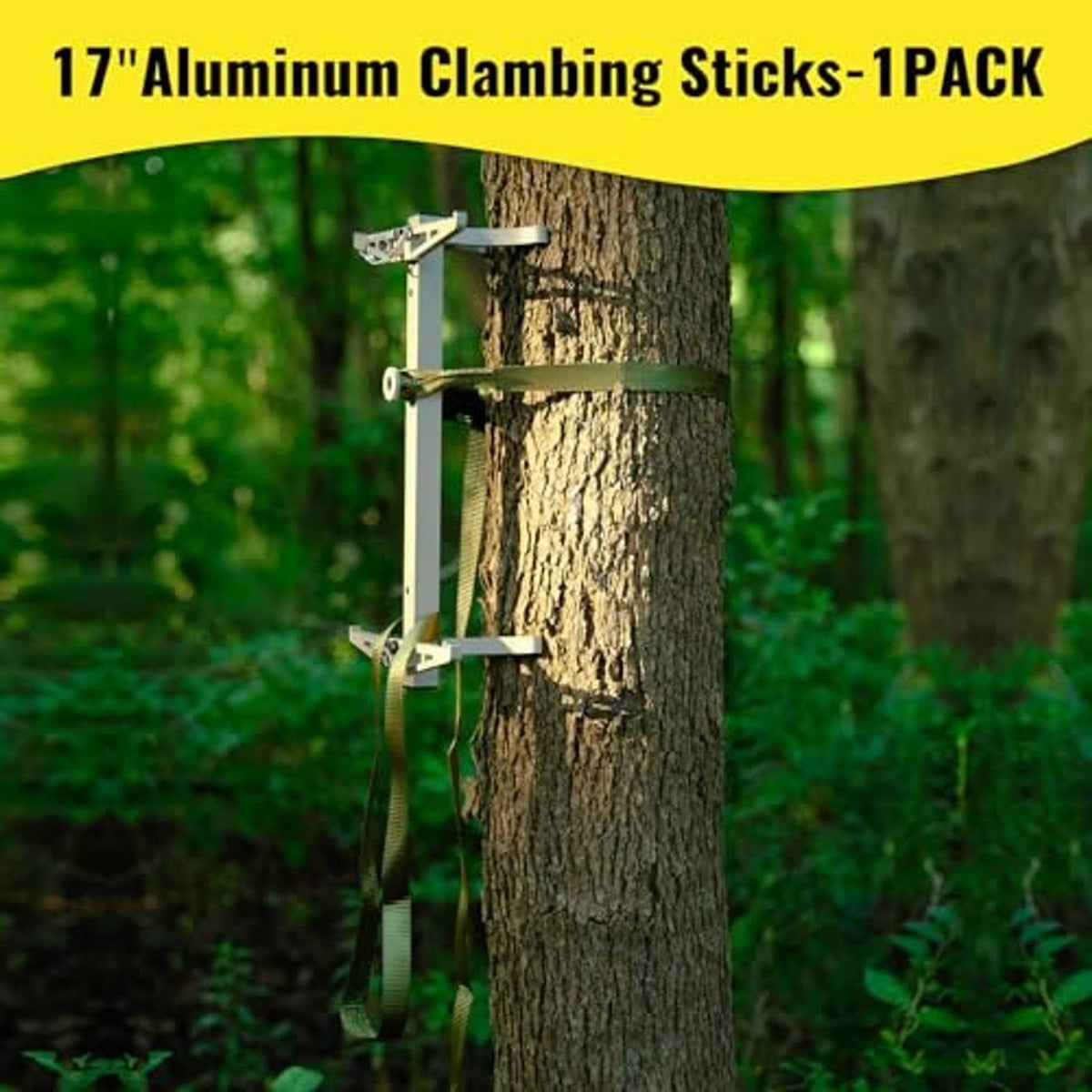 Pair of aluminum climbing sticks mounted on a tree trunk with webbing straps