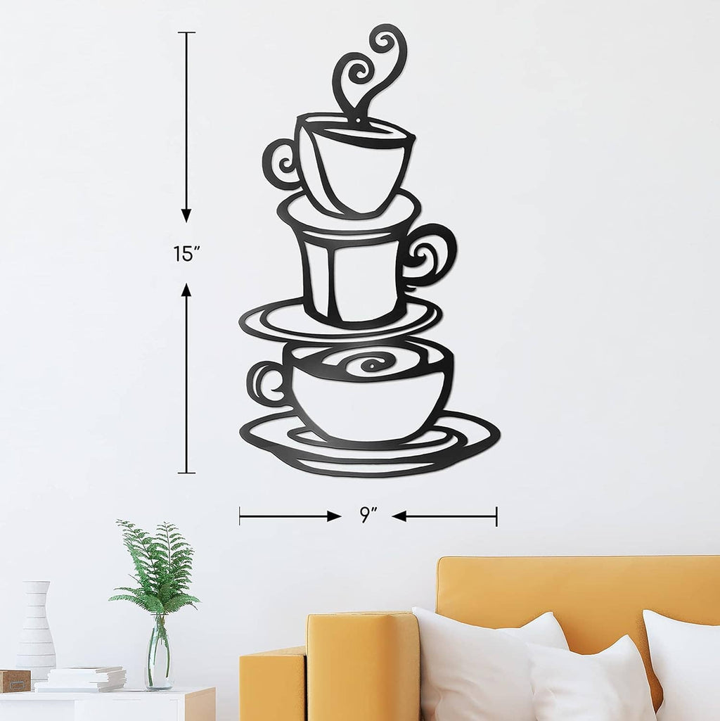Dark metal coffee cup stack wall art with hanging hook, 15" tall and 9" wide markings