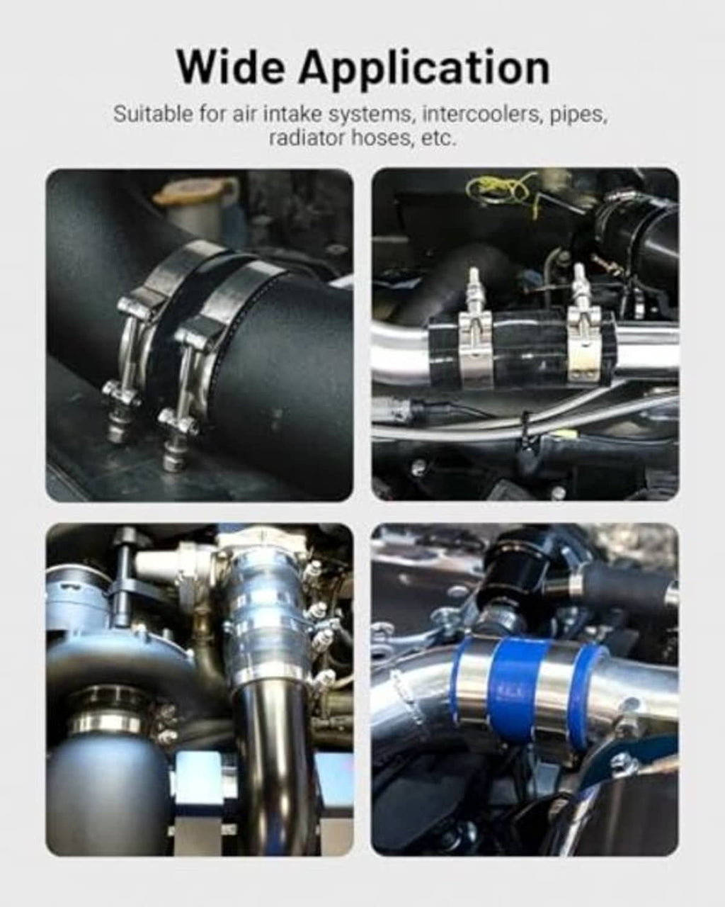 T-bolt hose clamps for intake systems, intercooler hoses, radiators, and piping
