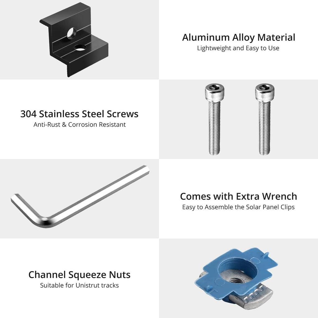 Black solar panel end clamp with 304 screws, wrench, and blue channel squeeze nut