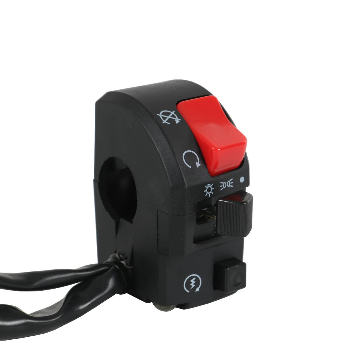 Motorcycle handlebar switch with red button, black housing, and auxiliary control buttons