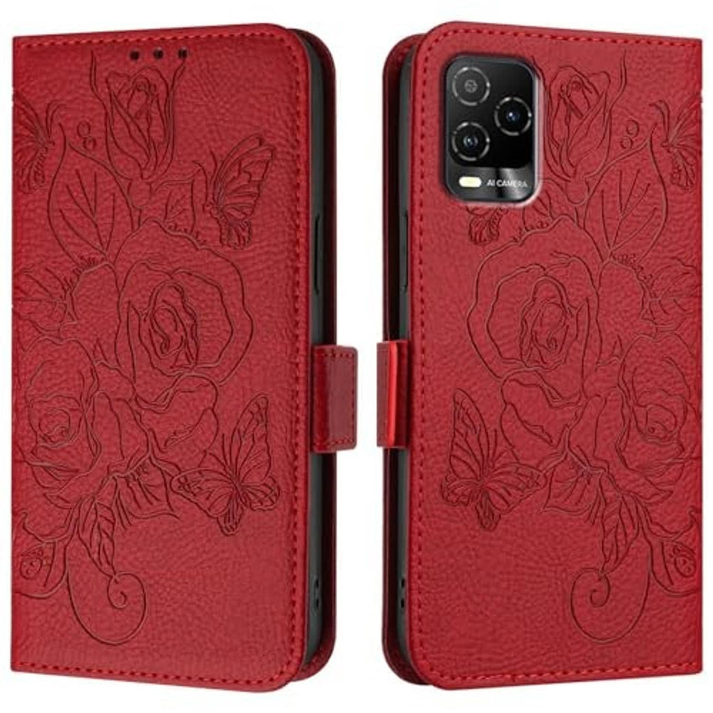 Red embossed floral phone wallet case shown front and back with camera cutout