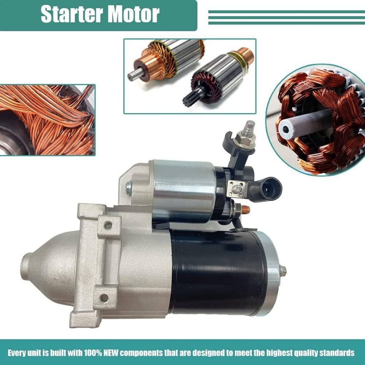 Starter motor with visible copper windings and silver mounting bracket