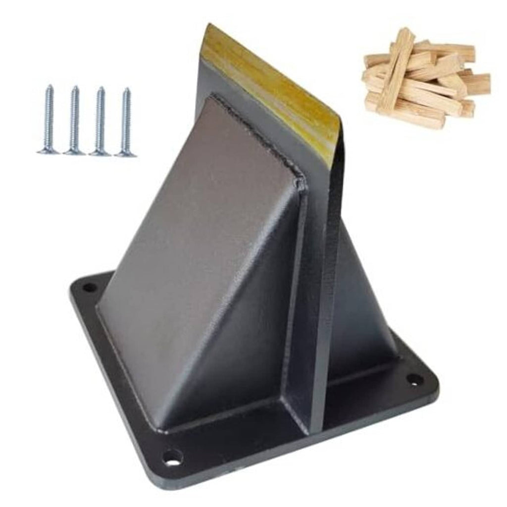 Portable log splitting wedge with black base, yellow blade edge, and included screws