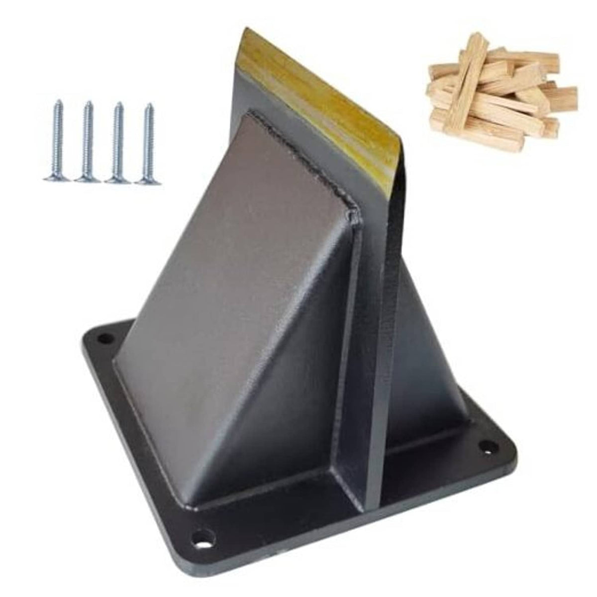 Portable log splitting wedge with black base, yellow blade edge, and included screws