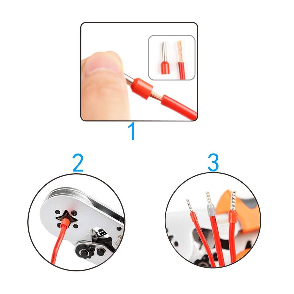 Insulated ferrule connectors step guide with hand inserting red terminals