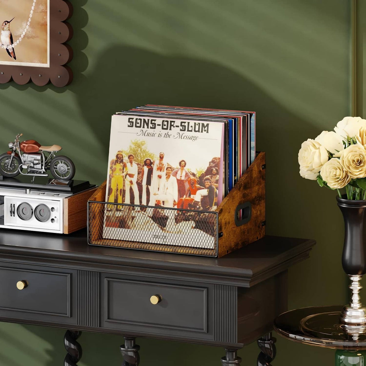 Vinyl record storage crate in rustic brown with black metal mesh and handle cutouts