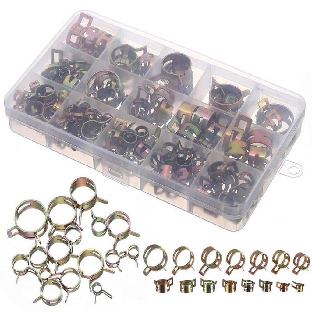 Spring hose clamp kit with assorted steel clips in a clear storage box