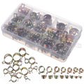 Spring hose clamp kit with assorted steel clips in a clear storage box