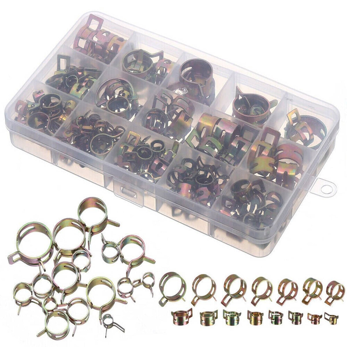 Spring hose clamp kit with assorted steel clips in a clear storage box