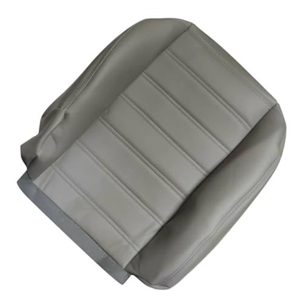 Gray synthetic leather seat cushion cover with stitched channels and curved side bolsters