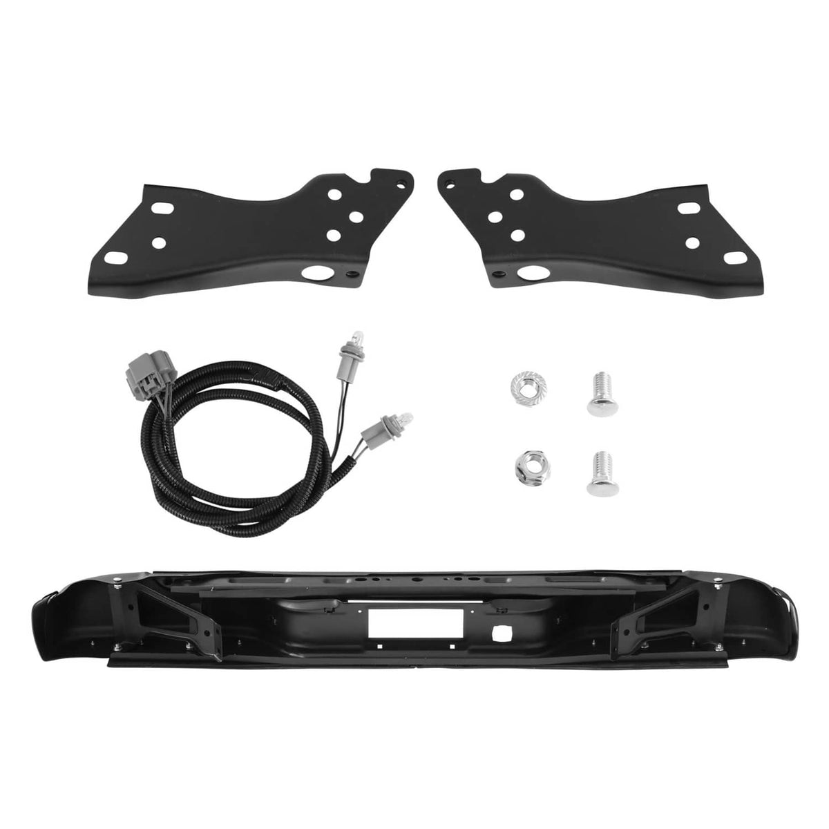 Black rear step bumper underside with wiring harness, brackets, and fasteners